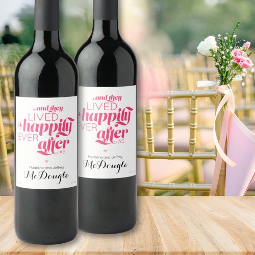 Minimal Wedding Happily Ever After Couple Pink Wine Label