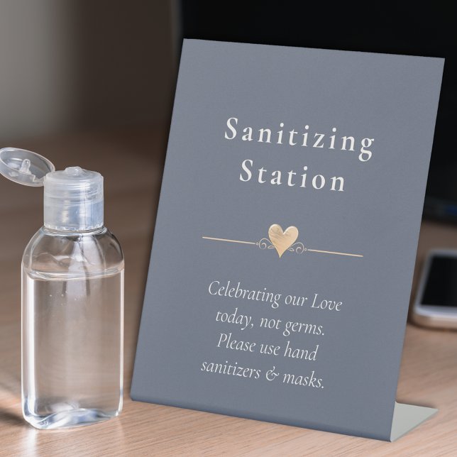 Minimal Wedding Heart Sanitizing Station Navy Blue Pedestal Sign (Creator Uploaded)
