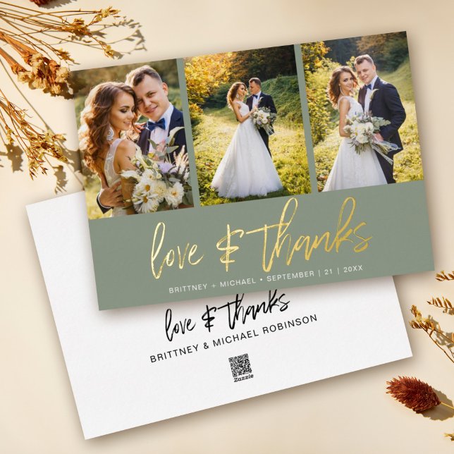 Minimal Wedding Photo Collage Sage Thank You Foil Invitation (Show your appreciation to your loved ones with an awesome photo thank-you card!)