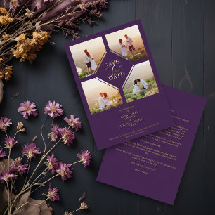 Minimal Wedding Purple & Gold 4-Photos Collage Foil Invitation