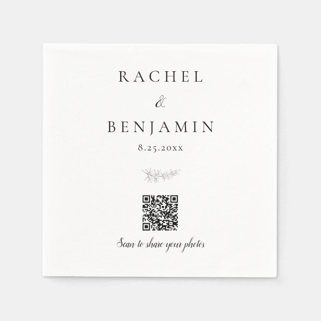 Minimal Wedding QR Code Photo Sharing Elegant Napkins (Front)