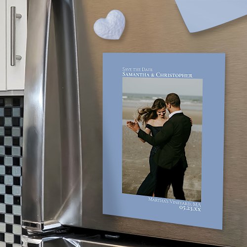 Minimal Wedding Save the Date Vertical Photo Blue Magnetic Invitation
