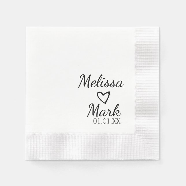 Minimal Wedding Simple Black Heart White Monogram Napkins (Front)