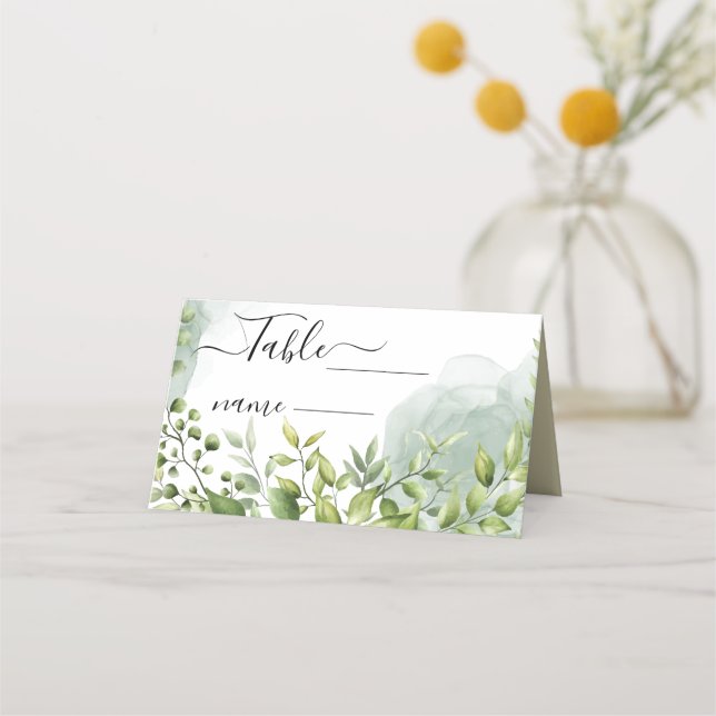 minimal weddings watercolor leaf greenery place card (Front)