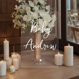 Minimal Welcome Baby Shower Elegant White Script Acrylic Sign