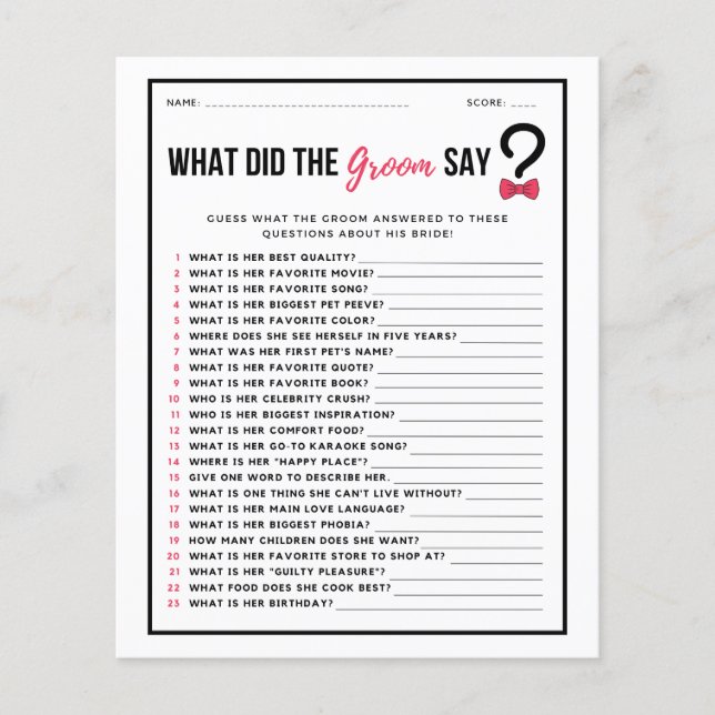 Minimal What Did the Groom Say Bridal Shower Game Flyer (Front)