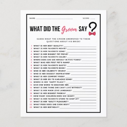 Minimal What Did the Groom Say Bridal Shower Game Flyer