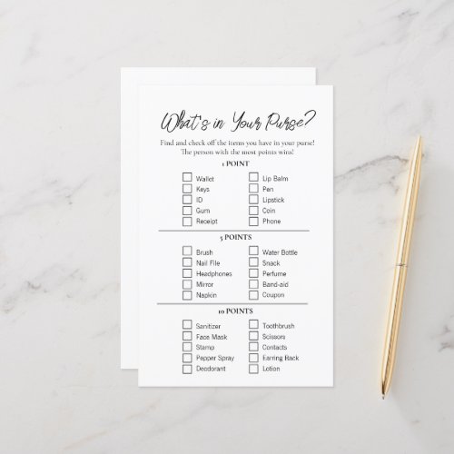 Minimal Whats in Your Purse Bridal Shower Game