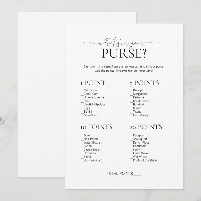 Minimal What's In Your Purse Bridal Shower Game Invitation (Front/Back)