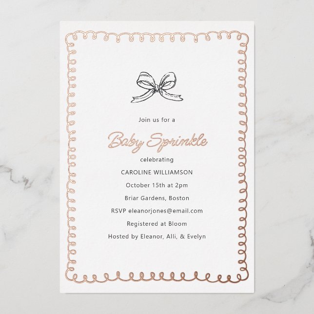 Minimal Whimsical Baby Sprinkle Shower Rose Gold Foil Invitation (Front)