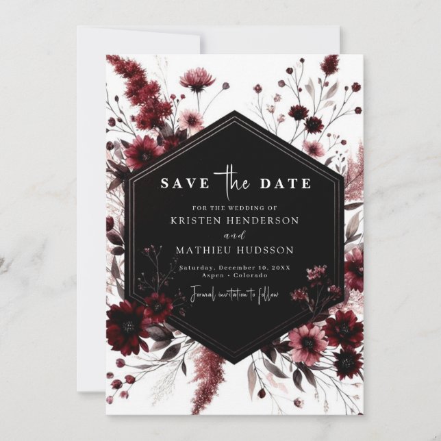 Minimal Whimsical Burgundy Wedding Save The Date (Front)