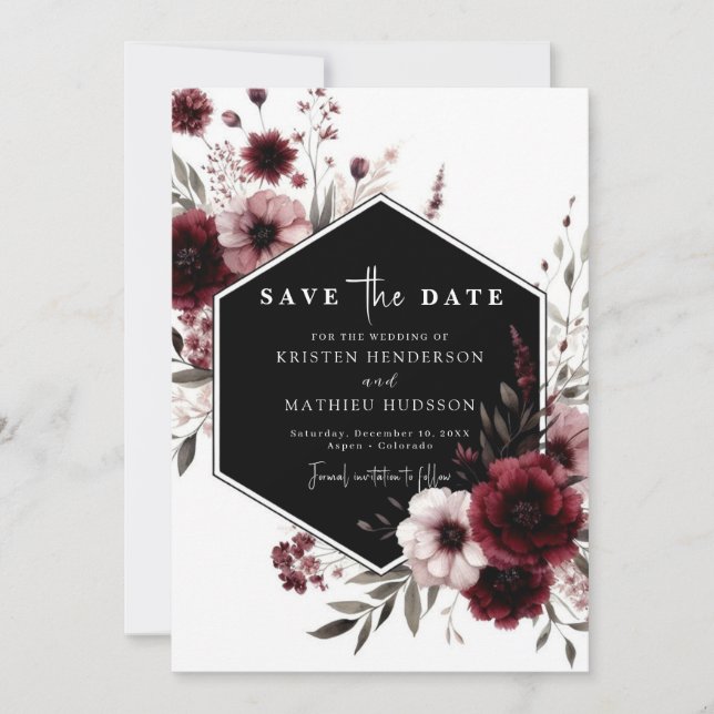 Minimal Whimsical Burgundy Wedding Save The Date (Front)