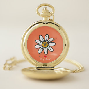 Minimal Whimsical Cute Daisy Hand-Drawn Pocket Watch