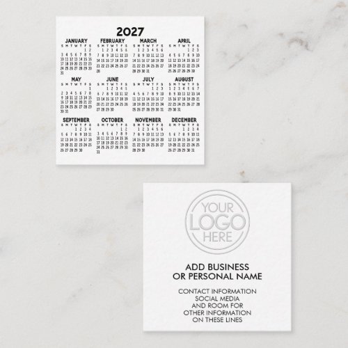 Minimal White 2027 Mini Calendar with Logo Square Business Card