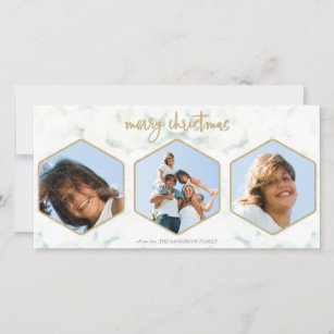 Minimal White and Gold Merry Christmas 3 Photos Holiday Card