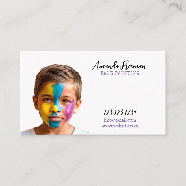 Minimal White and Purple Face Painter Business Card (Front)