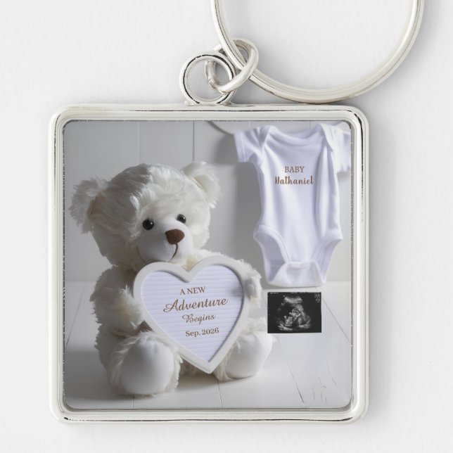 Minimal White Bear Pregnancy announcement  Keychain (Front)