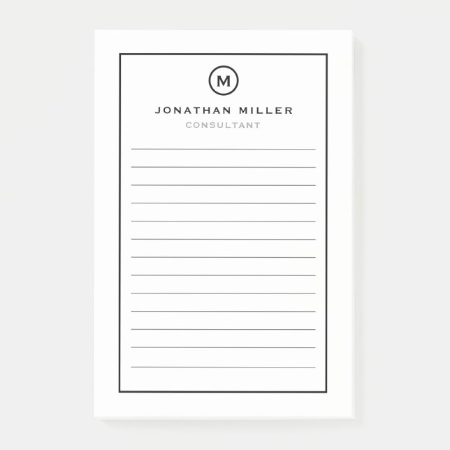 Minimal White Black Monogram Lined Post-it Notes (Front)
