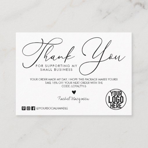 Minimal White Black Script Customer Thank You Business Card | Zazzle