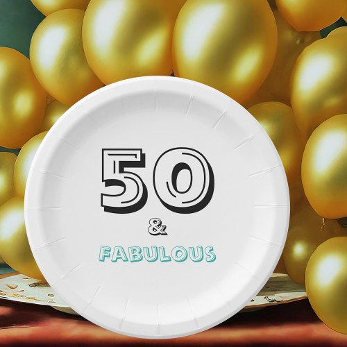 Minimal White Black Turquoise Fabulous 50th Party Paper Plates