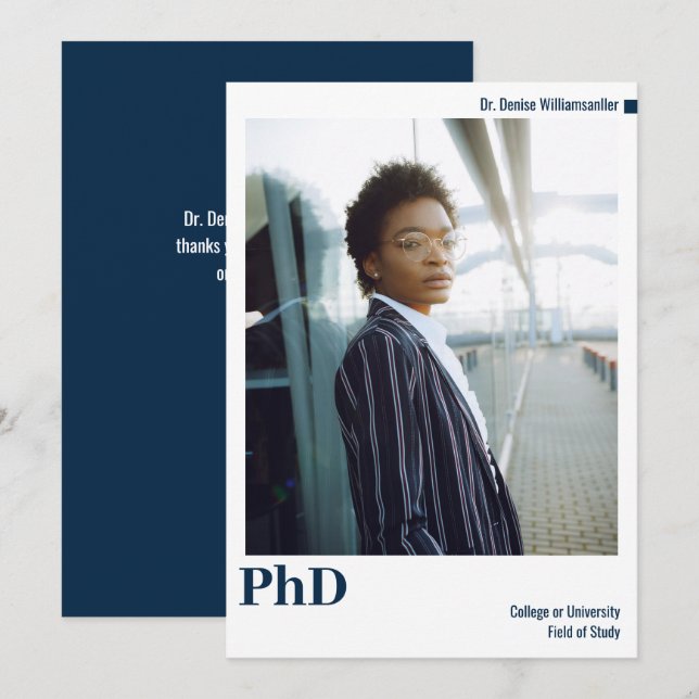 Minimal White Blue Photo PhD Graduation Announcement (Front/Back)