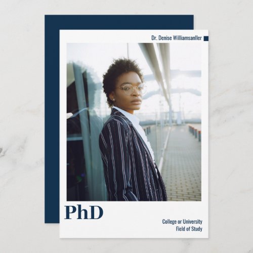 Minimal White Blue Photo PhD Graduation Announcement