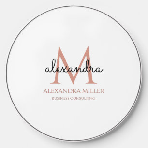 Minimal White Blush Pink Black Monogram Name Wireless Charger