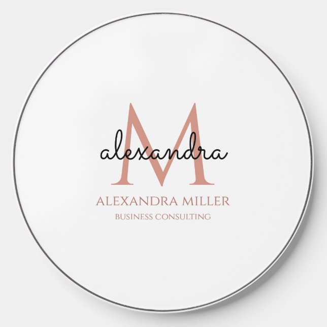 Minimal White Blush Pink Black Monogram Name Wireless Charger (Front)