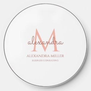 Minimal White Blush Pink Monogram Name Wireless Charger