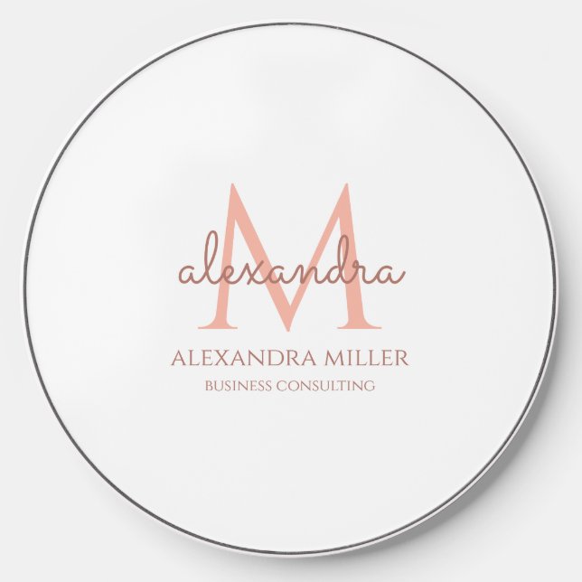 Minimal White Blush Pink Monogram Name Wireless Charger (Front)