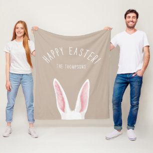 Minimal White Bunny Ears On Beige Happy Easter Fleece Blanket