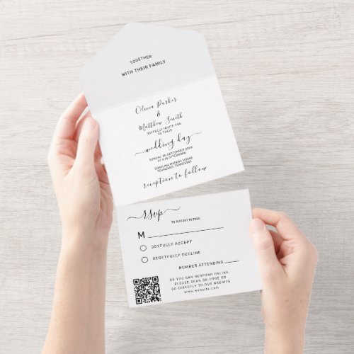 Minimal White Classic Wedding QR Code RSVP All In One Invitation