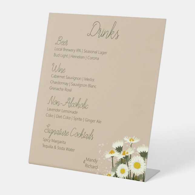 Minimal White Daisy Flowers Drink Menu Pedestal Sign (Front)