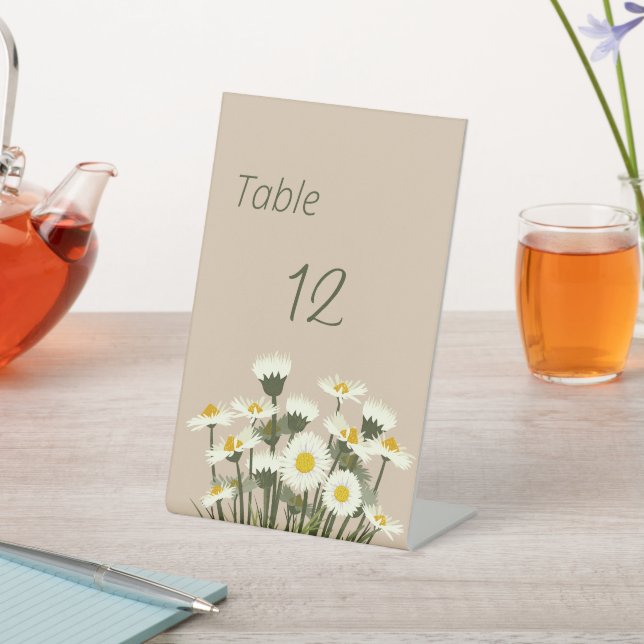 Minimal White Daisy Flowers on Beige Background Pedestal Sign (In SItu)