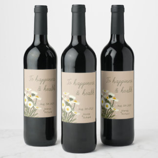 Minimal White Daisy Flowers on Beige Background Wine Label