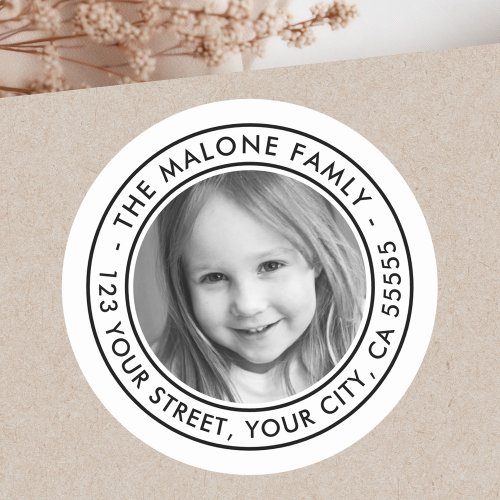 Minimal white family photo return address classic round sticker