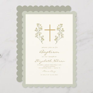 Minimal White Flower Baptism Cross Invitation