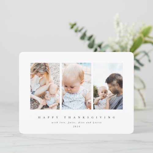 Minimal White Frame 3 Photo Happy Thanksgiving Holiday Card