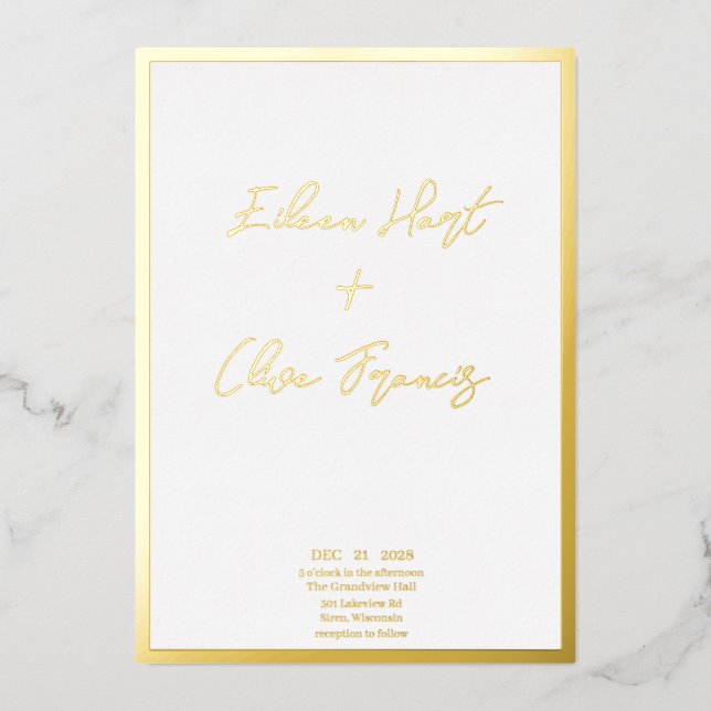 Minimal White Goild Border Typography Wedding Foil Invitation (Front)
