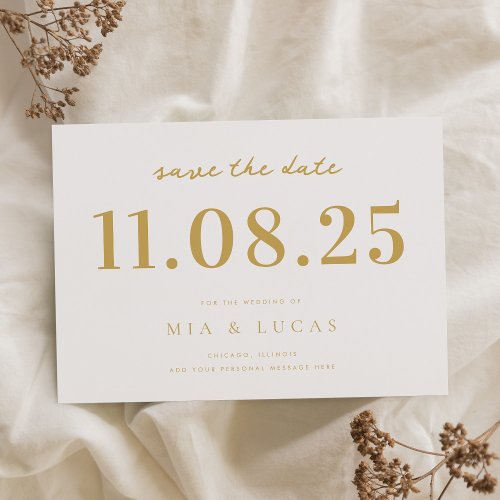 Minimal White Gold Chic Wedding Date Non_Photo Save The Date