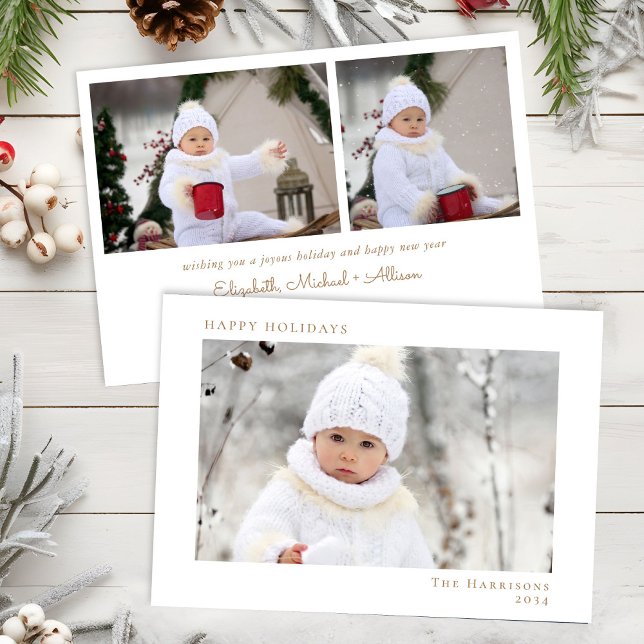 Minimal White Gold Christmas Happy Holidays Photo Holiday Card (Creator Uploaded)