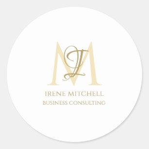 Minimal White Gold Monogram Name Classic Round Sticker