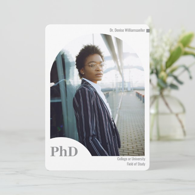 Minimal White Gray Arch Photo PhD Graduation Announcement (Standing Front)