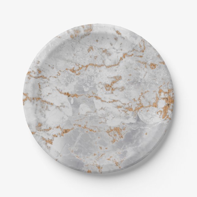 Minimal White Gray Carrara Gold Marble Grungy Silv Paper Plates (Front)