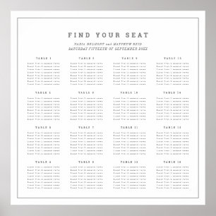 Minimal white gray wedding 16 table seating chart