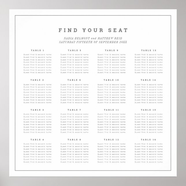 Minimal white gray wedding 16 table seating chart (Front)