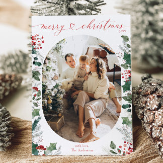 Minimal White Green Oval Photo Christmas Card