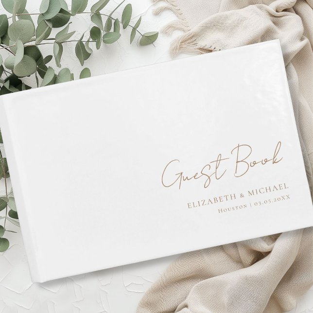 Minimal, White Handwriting Script Wedding  Guest Book (Minimal, White and brown Handwriting Script Wedding Guest Book)