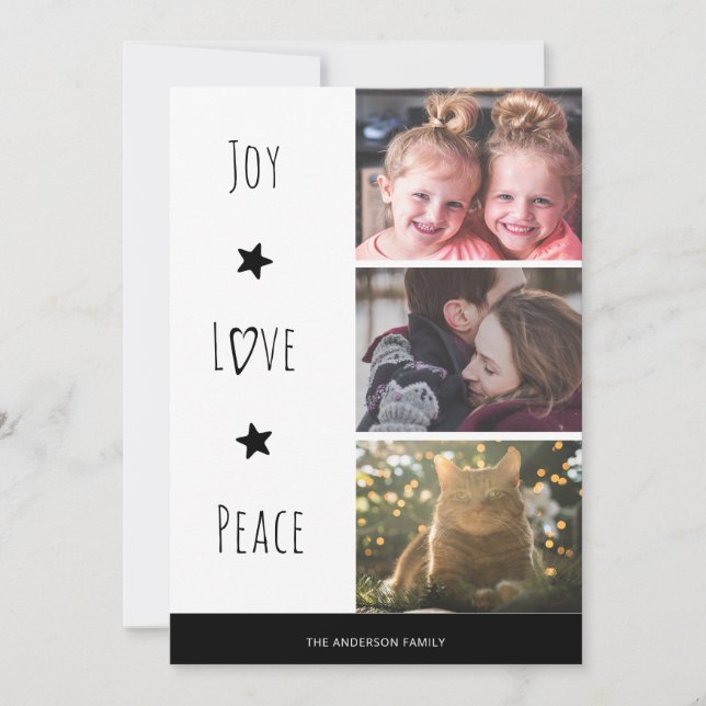 Minimal White Joy Love Peace Photo Christmas Holiday Card (Front)