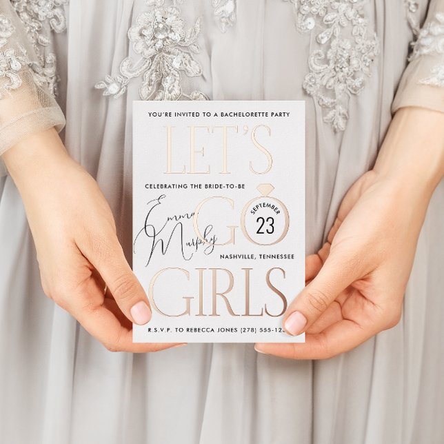 Minimal White Lets Go Girls Bachelorette Party Foil Invitation Postcard (White and rose gold foil Let's Go Girls country western bachelorette party invitation)